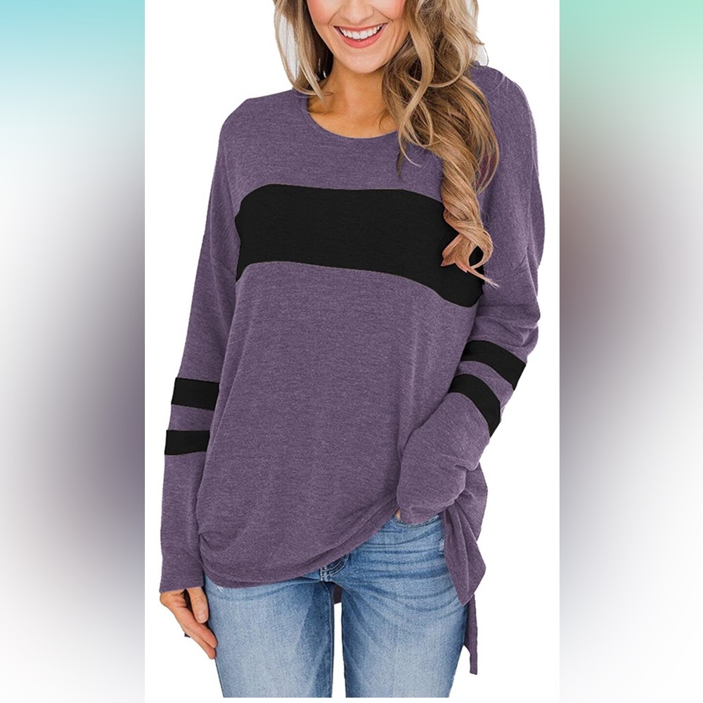 Hilltichu Womens Color Block Long Sleeve Shirt Side Split High Tunic Top
